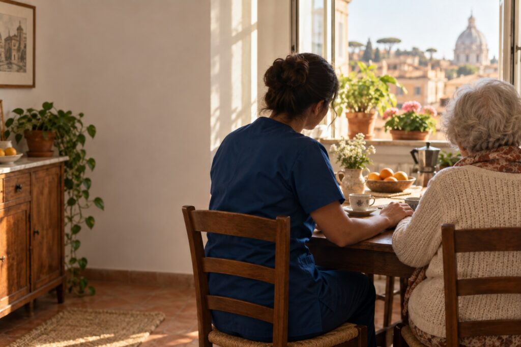 Un'operatrice e una signora anziana sedute al tavolo di cucina, viste di spalle, in un momento di conversazione