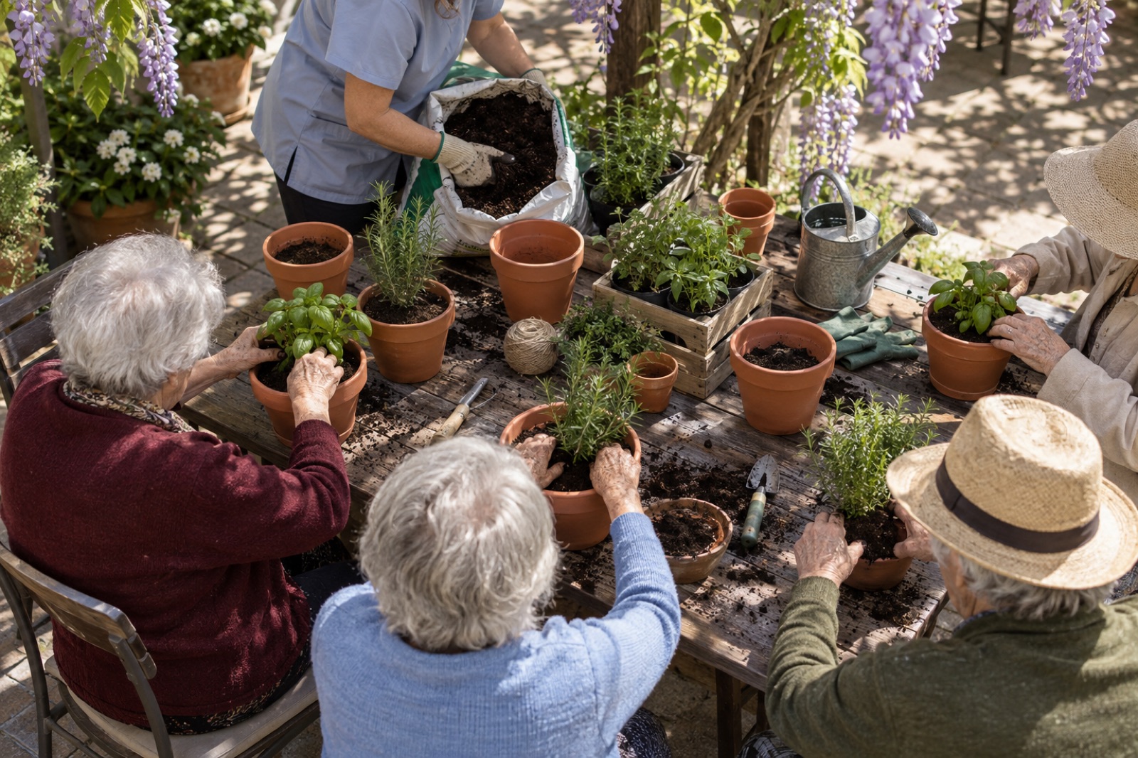 Un gruppo di persone anziane rinvasa piantine aromatiche in giardino con un'operatrice