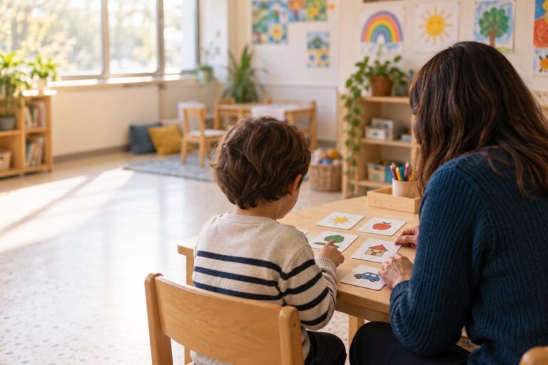 Un'educatrice e un bambino, di spalle, usano schede con pittogrammi su un banco di scuola